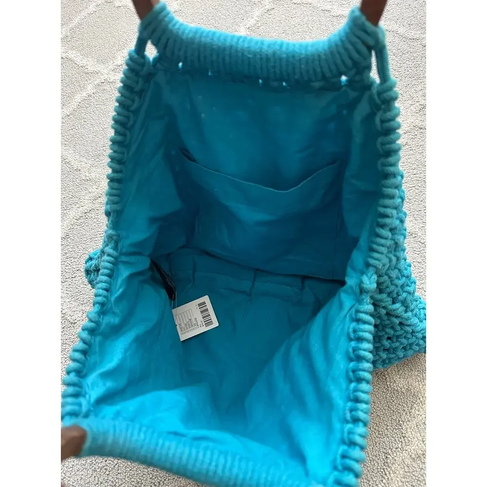 Urban Outfitters Turquoise Crochet Tote Wooden Handles NWT Macrame Knit Handbag